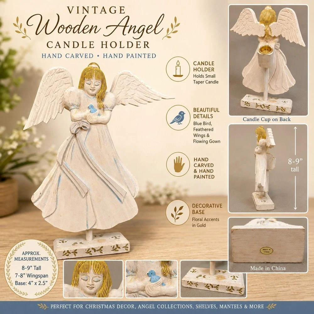 Vintage Hand Carved Wooden Angel Candle Holder Hand Painted Christmas Decor 8.5